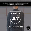 Cut protection diagram explaining ANSI A7 and BNQ-tested cut resistance in Pucktive Pro hockey tarps.