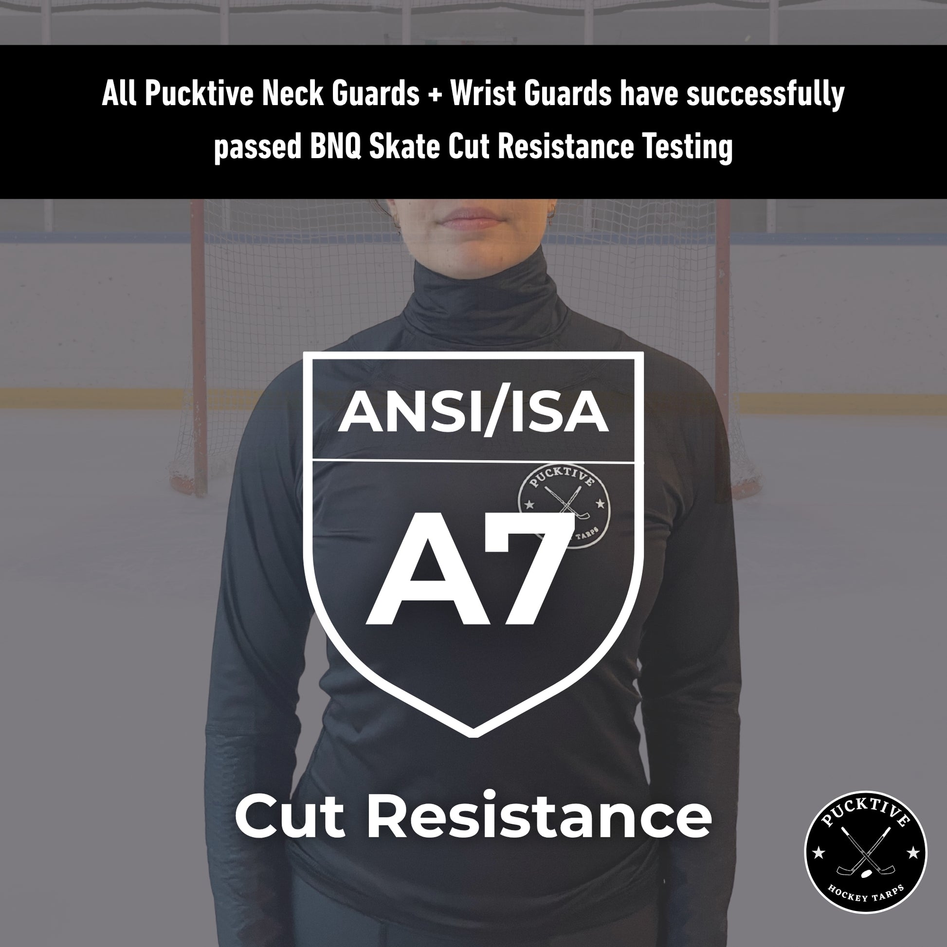 Cut protection diagram explaining ANSI A7 and BNQ-tested cut resistance in Pucktive Pro hockey tarps.