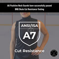 Testing and certification page for Girl’s Pro A7 cut-resistant hockey tank top, showing BNQ and ANSI cut-resistance results.
