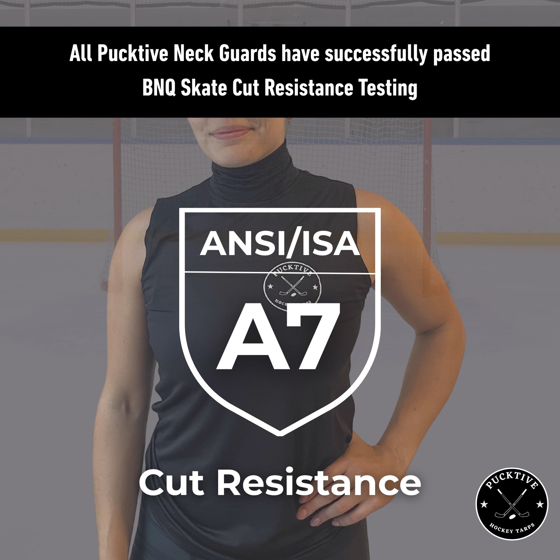 Testing and certification page for Girl’s Pro A7 cut-resistant hockey tank top, showing BNQ and ANSI cut-resistance results.