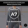 Testing overview of the Girl’s Pro A7 cut-resistant wrist hockey shirt demonstrating BNQ and ANSI performance.