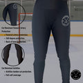 Cut-protection diagram for Girl’s Pro A7 goalie leggings showing protected zones including groin, thigh, Achilles, and calf.