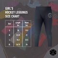 Girl's Pro A7 hockey leggings size chart with waist, hip, and length measurements.