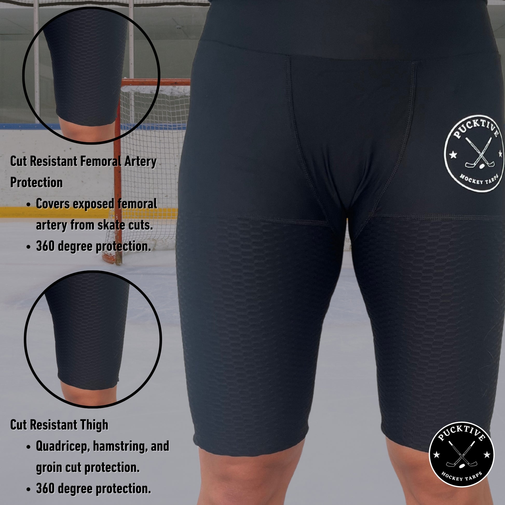 Cut-resistant zones diagram for Girl’s Pro A7 hockey shorts showing femoral artery, groin, and thigh protection coverage.