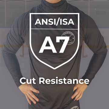 Person wearing a black long-sleeve shirt with ANSI/ISA A7 cut resistance label on a gray background