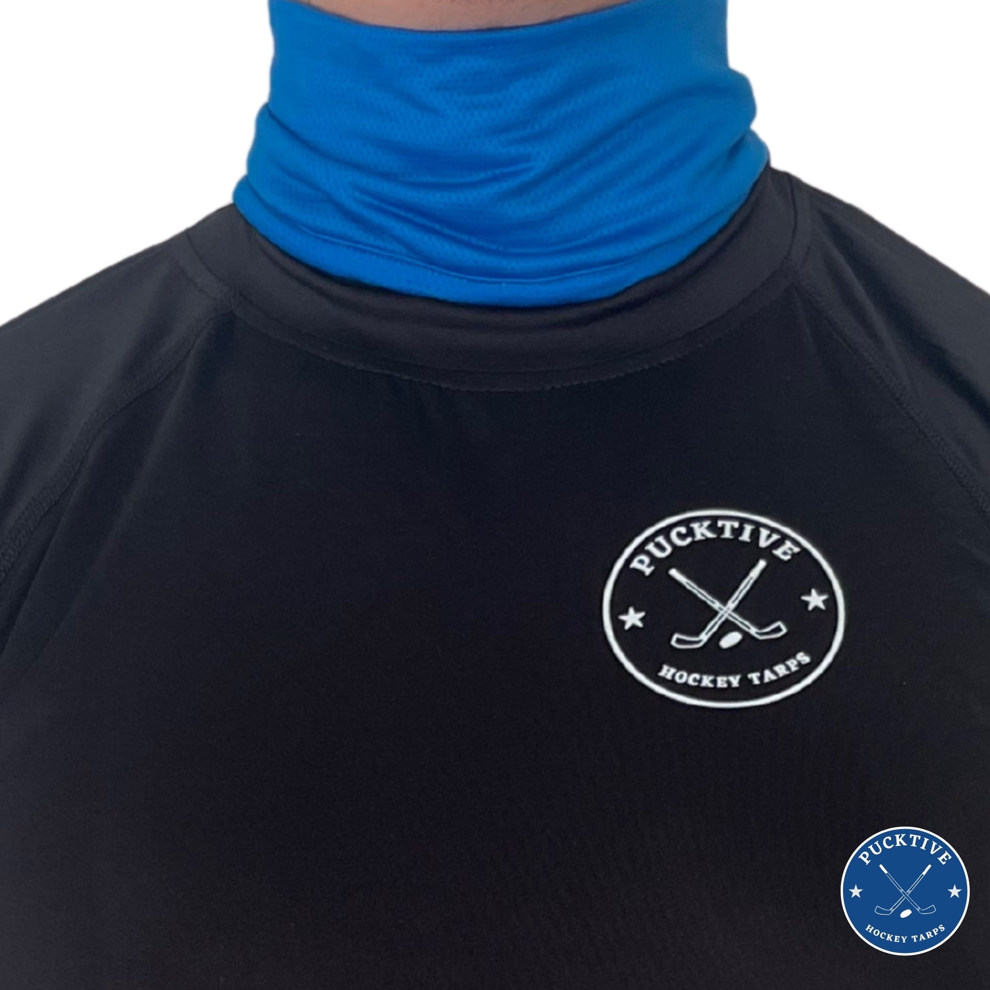 Male hockey player wearing blue Pucktive cut-resistant neck guard.