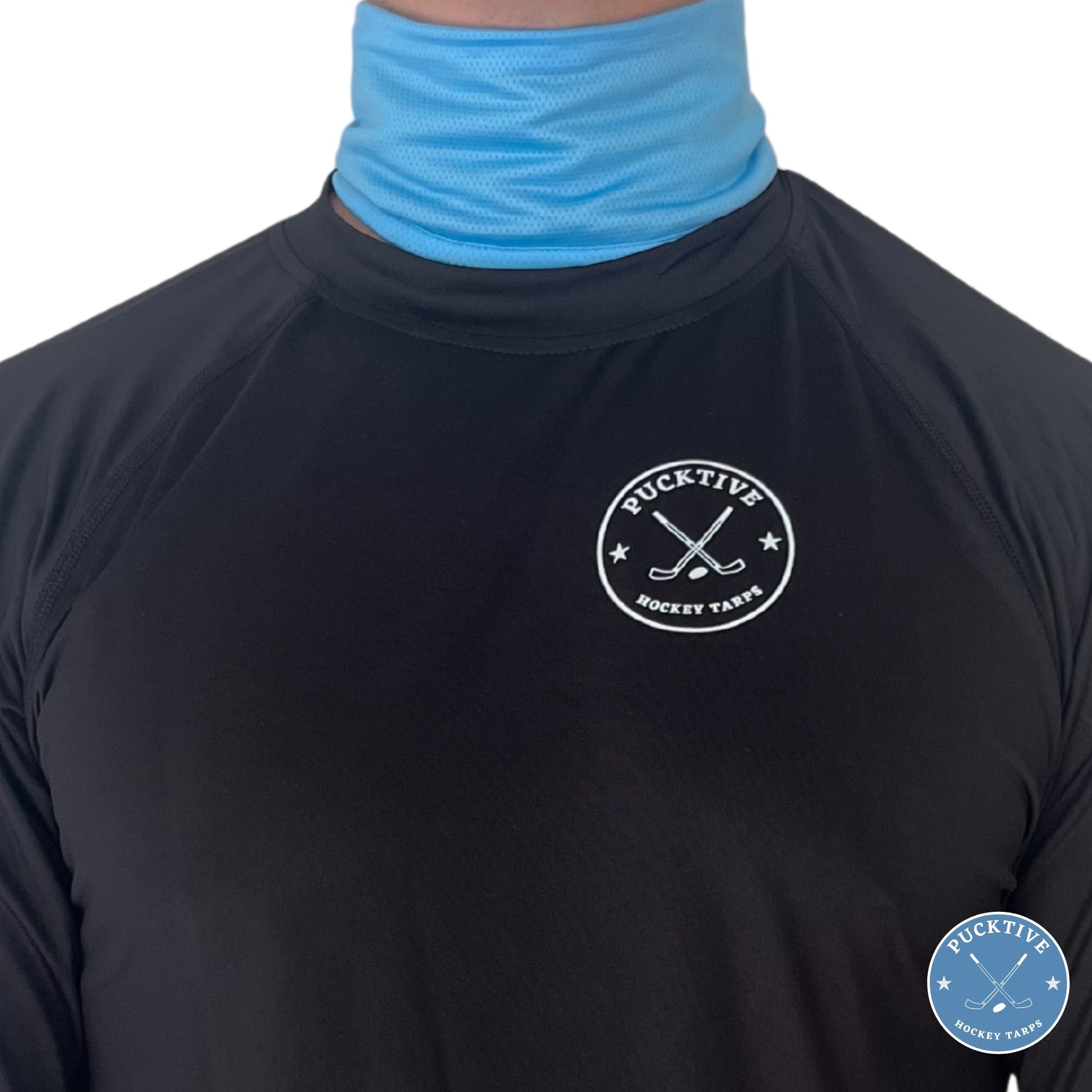 Male hockey player wearing light blue Pucktive cut-resistant neck guard.