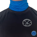 Male hockey player wearing blue Pucktive cut-resistant neck guard.