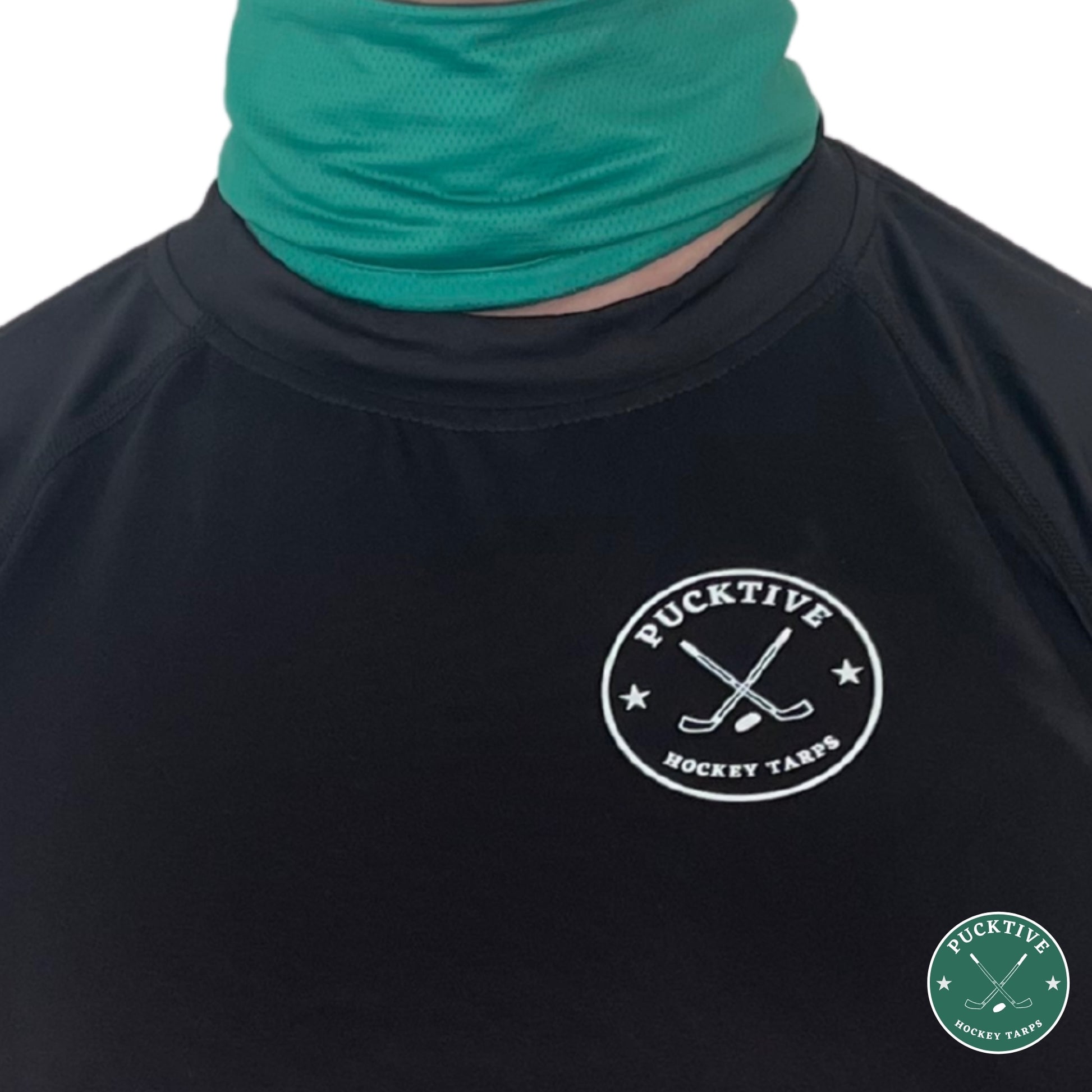 Male hockey player wearing green Pucktive cut-resistant neck guard.