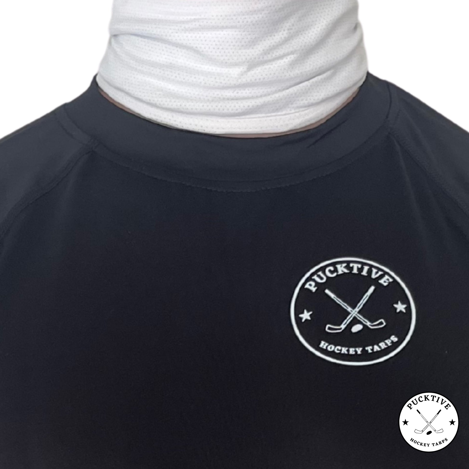 Male hockey player wearing white Pucktive cut-resistant neck guard.