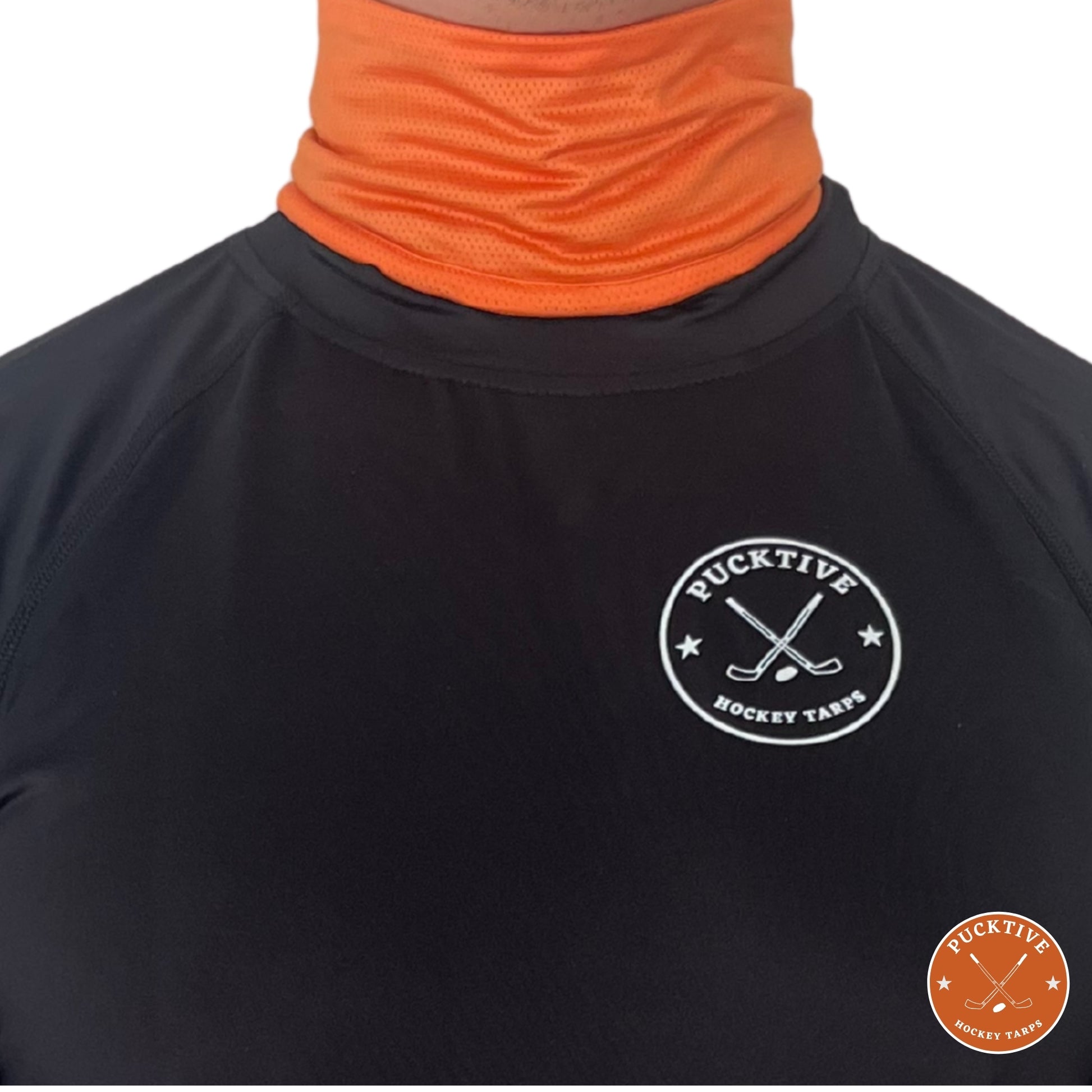 Male hockey player wearing orange Pucktive cut-resistant neck guard.