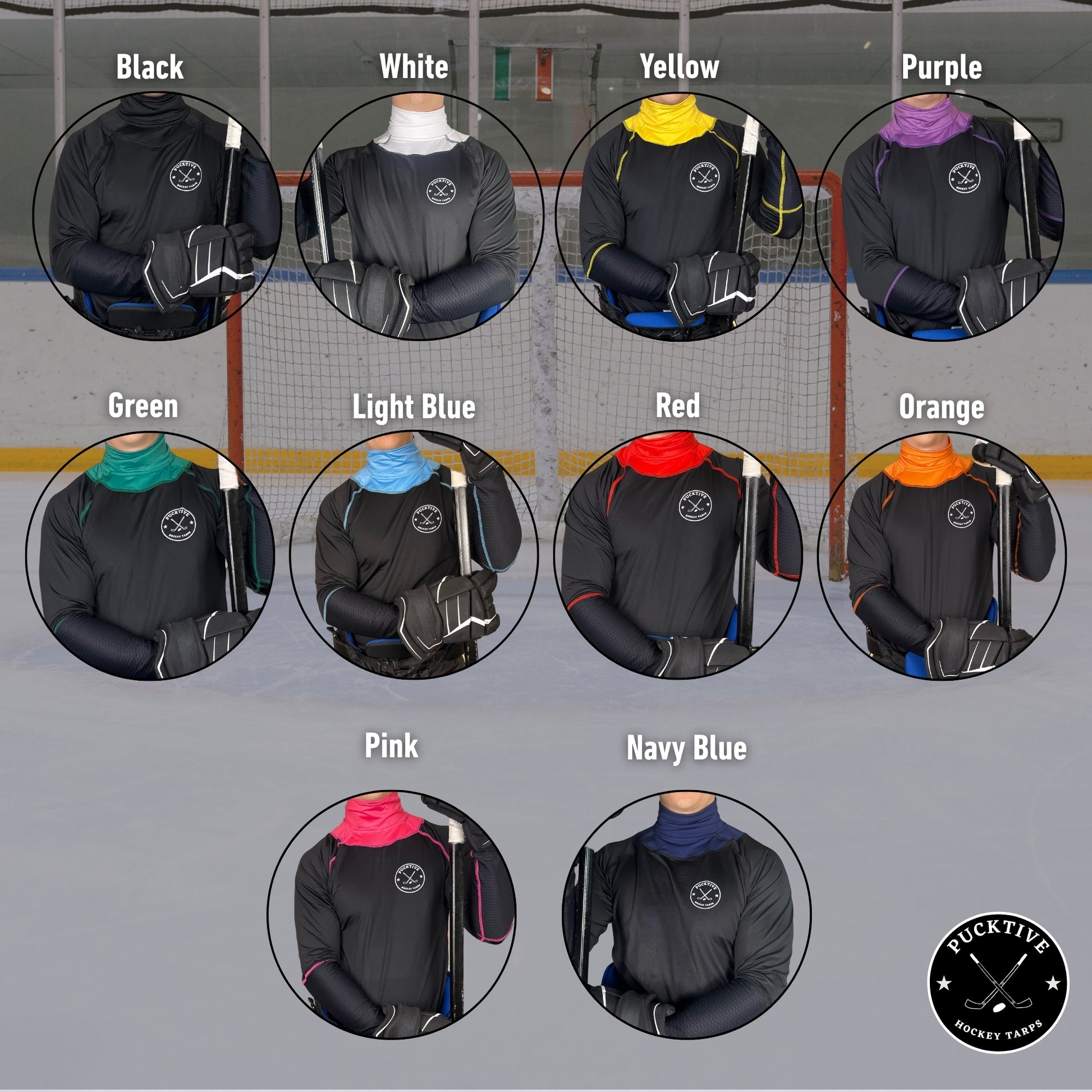 Display showing available neck guard color options for the Men’s Base A2 hockey tarp.