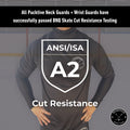 Cut protection diagram explaining ANSI A2 and BNQ-tested cut resistance in Pucktive Base hockey tarps.