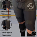 Cut-resistant zones diagram for Men’s Base A2 hockey jock shorts showing femoral artery, groin, and thigh protection coverage.