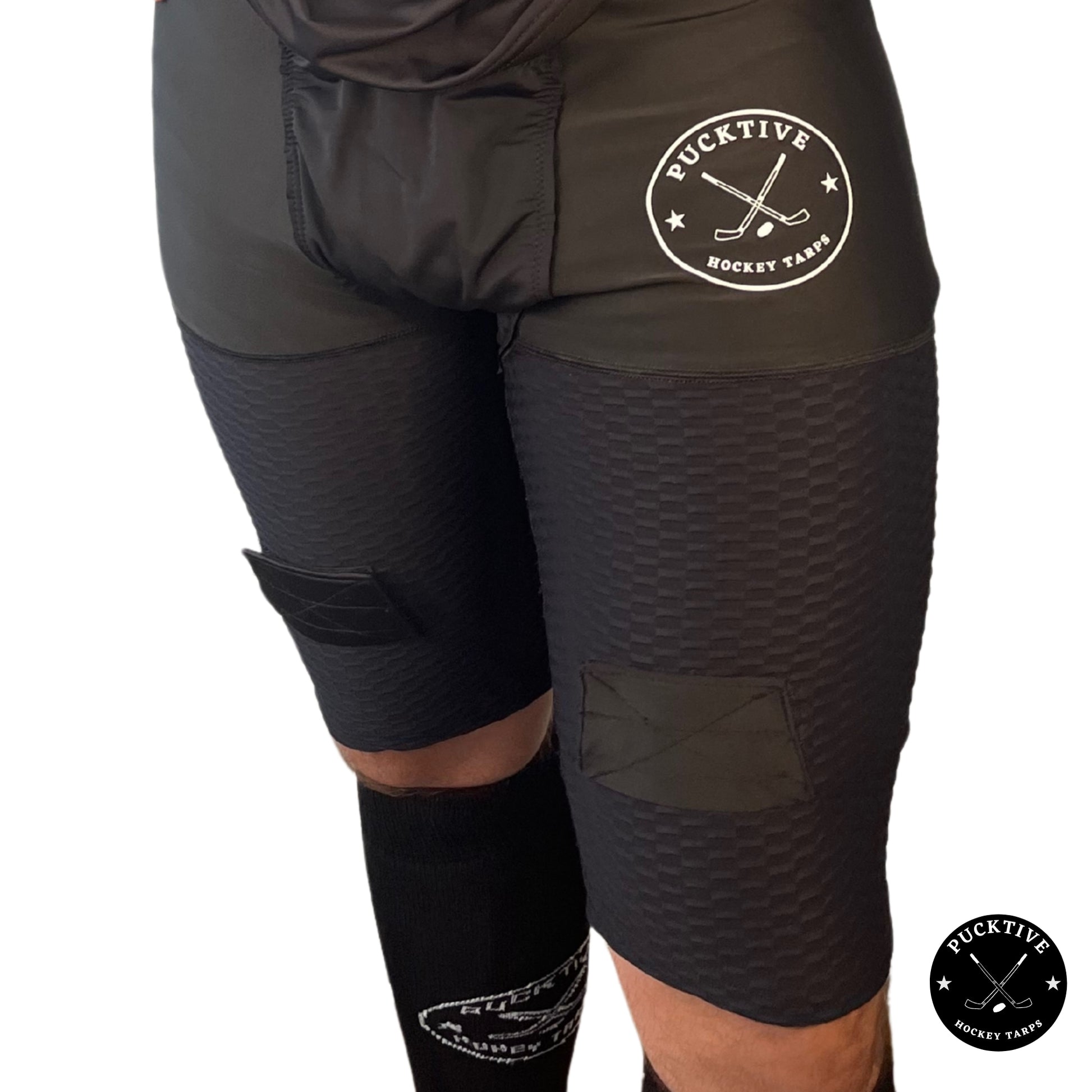 Front view of Men’s Base A2 cut-resistant hockey jock shorts with built-in cup pocket and Velcro sock tabs.