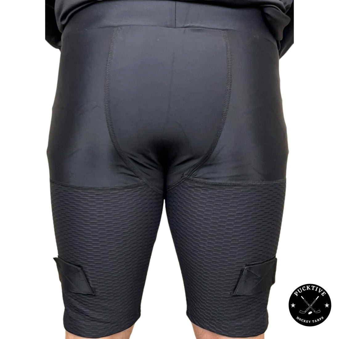 Front view of Men’s Base A2 cut-resistant hockey jock shorts with built-in cup pocket and Velcro sock tabs.
