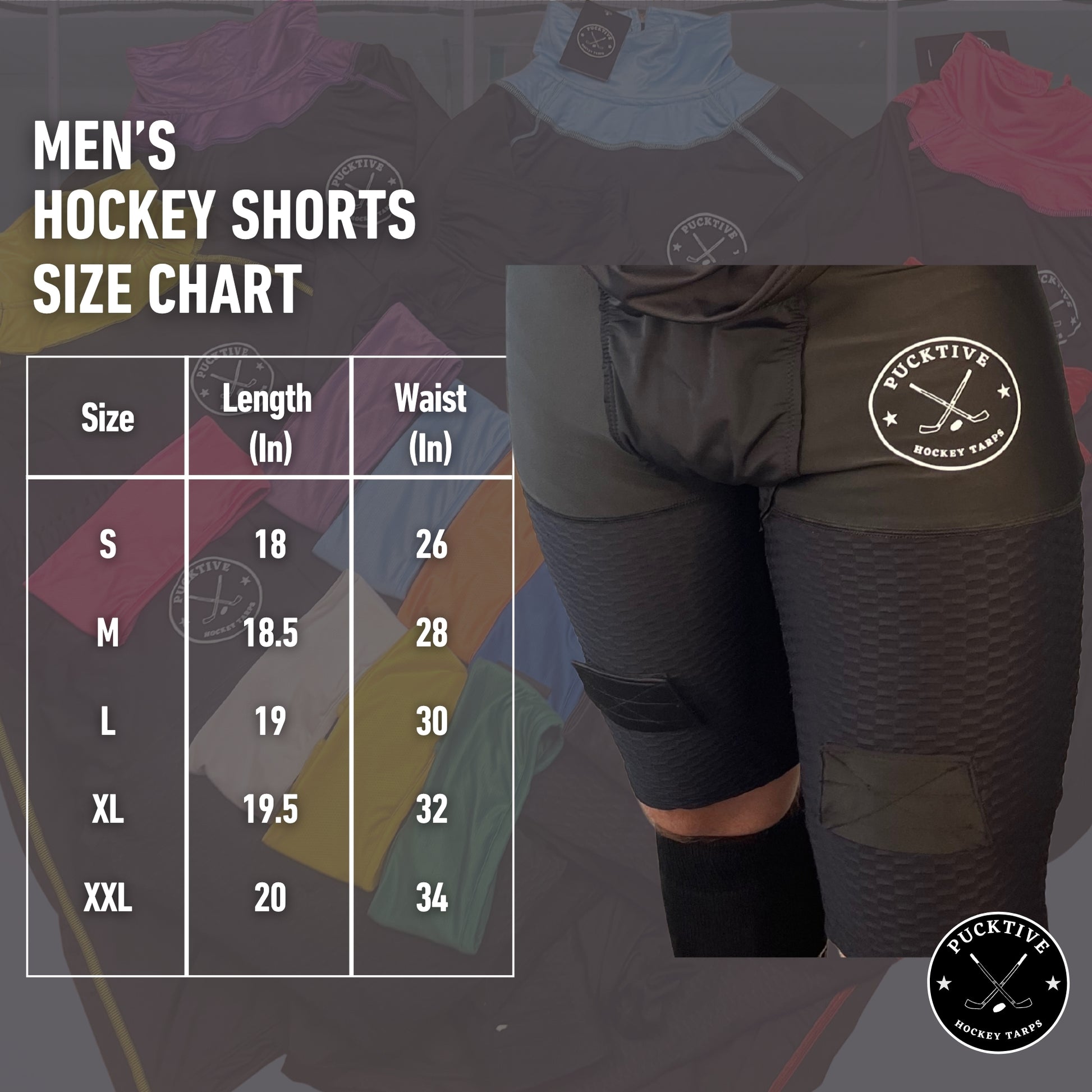 Size chart for Men’s Base A2 cut-resistant hockey jock shorts including waist and length measurements.