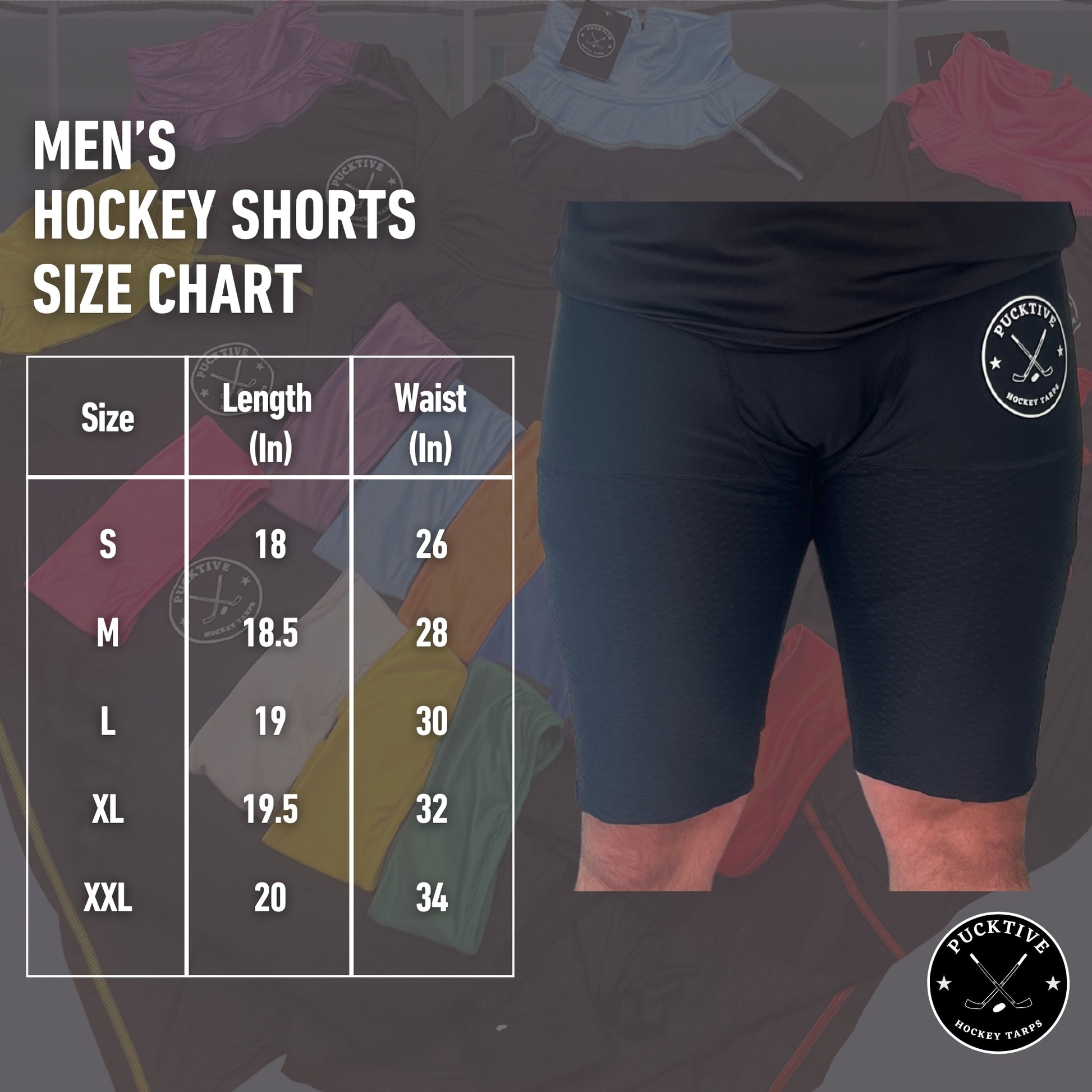 Size chart for Men’s Base A2 cut-resistant hockey shorts including waist and length measurements.