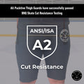 BNQ and ANSI testing overview for Men’s Base A2 cut-resistant hockey shorts showing verified cut-resistance ratings.