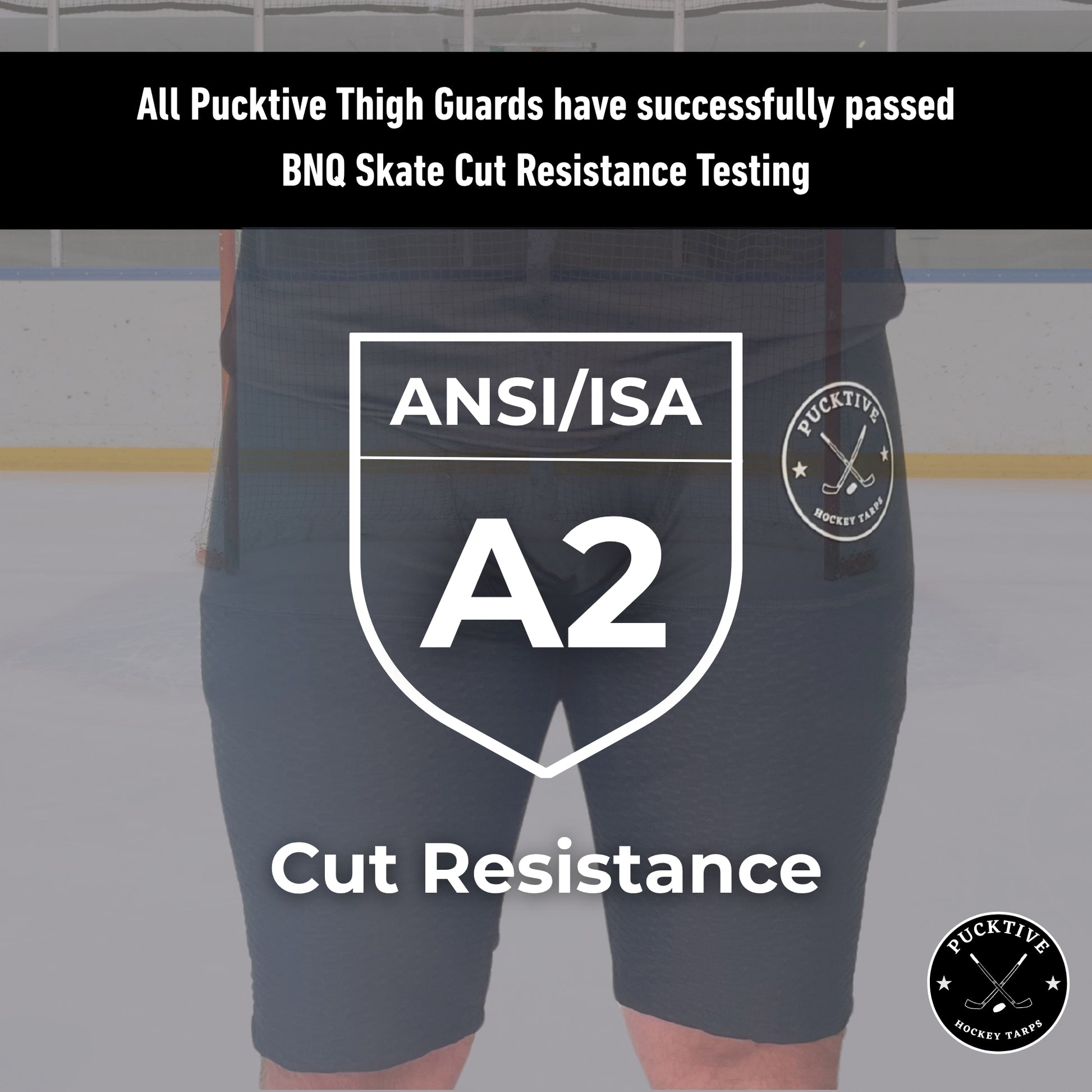 BNQ and ANSI testing overview for Men’s Base A2 cut-resistant hockey shorts showing verified cut-resistance ratings.