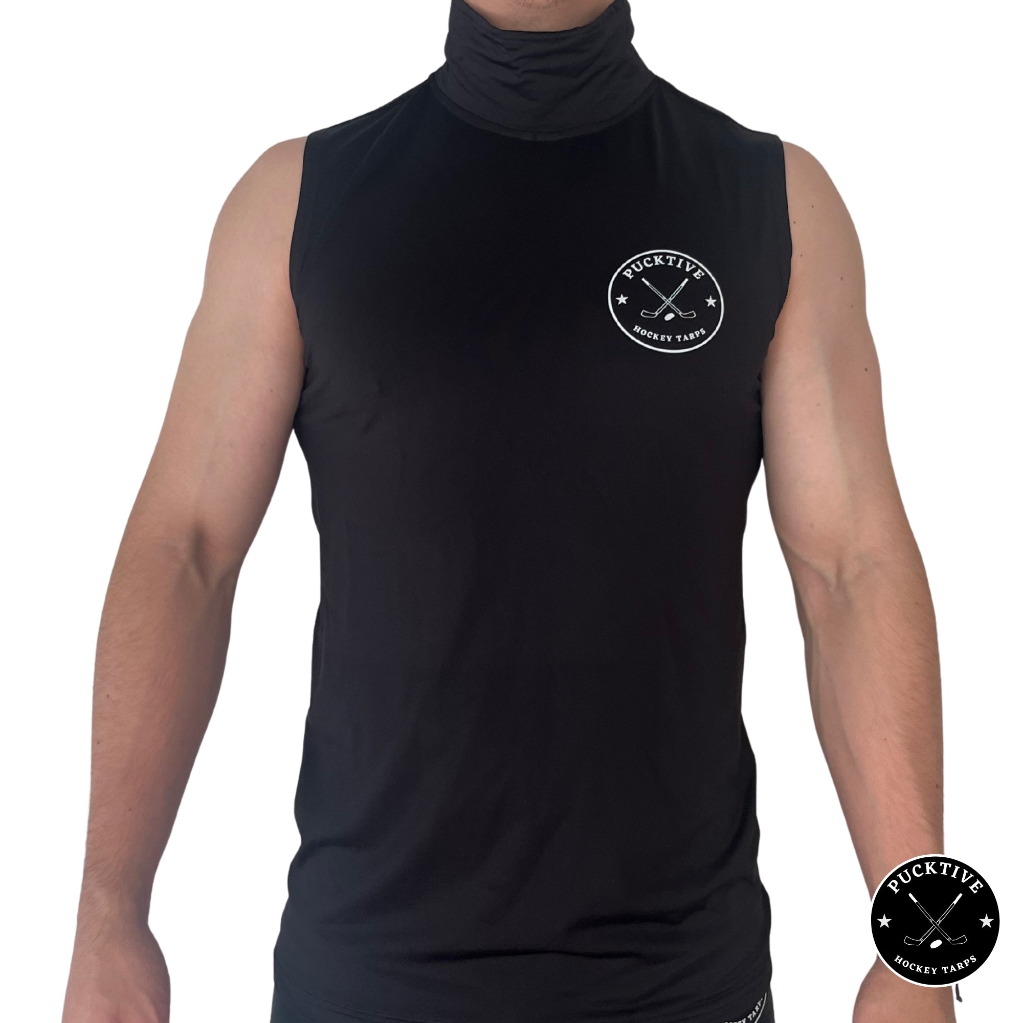 Front view of Men’s Base A2 cut-resistant hockey tank top showing neck cut-protection design in black.
