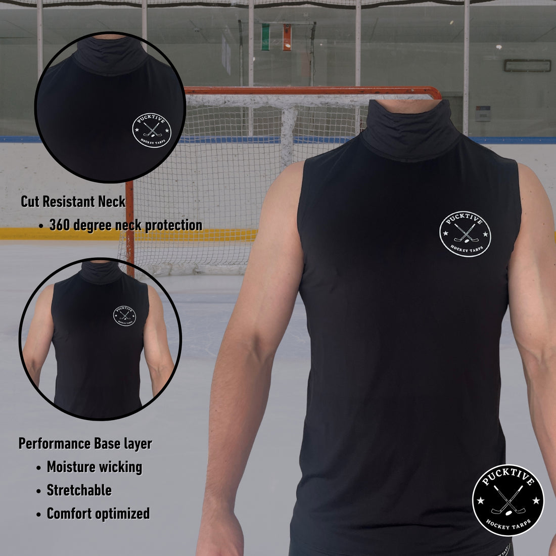 Front view of Men’s Base A2 cut-resistant hockey tank top showing neck cut-protection design in black.
