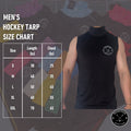 Size chart for Men’s Base A2 cut-resistant hockey tank top with measurement guide.
