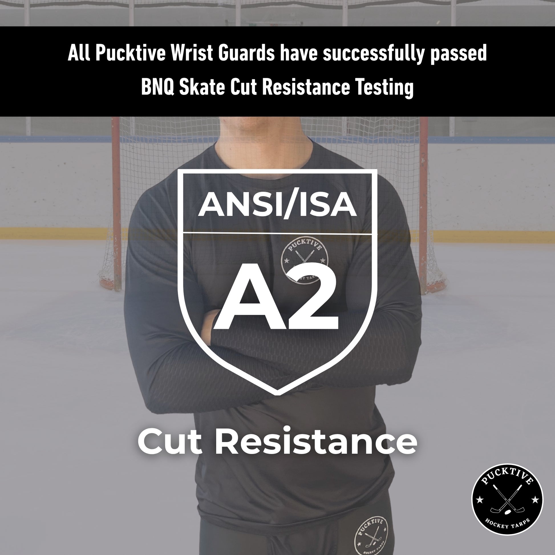 Testing overview of the Men’s Base A2 cut-resistant wrist hockey shirt demonstrating BNQ and ANSI performance.