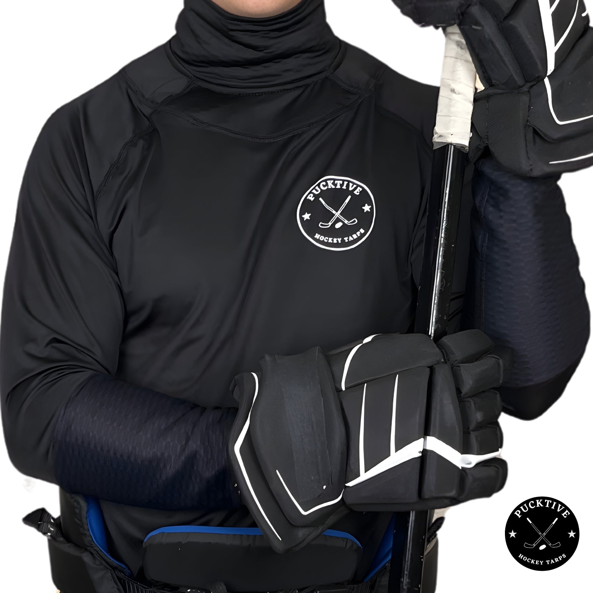 Men’s Base A2 full hockey tarp in black neck guard design showing BNQ-tested neck and wrist cut protection.
