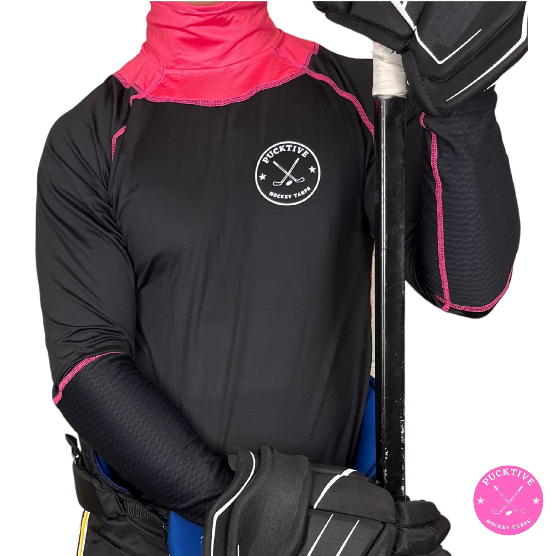 Men’s Base A2 full hockey tarp in pink neck guard design showing BNQ-tested neck and wrist cut protection.