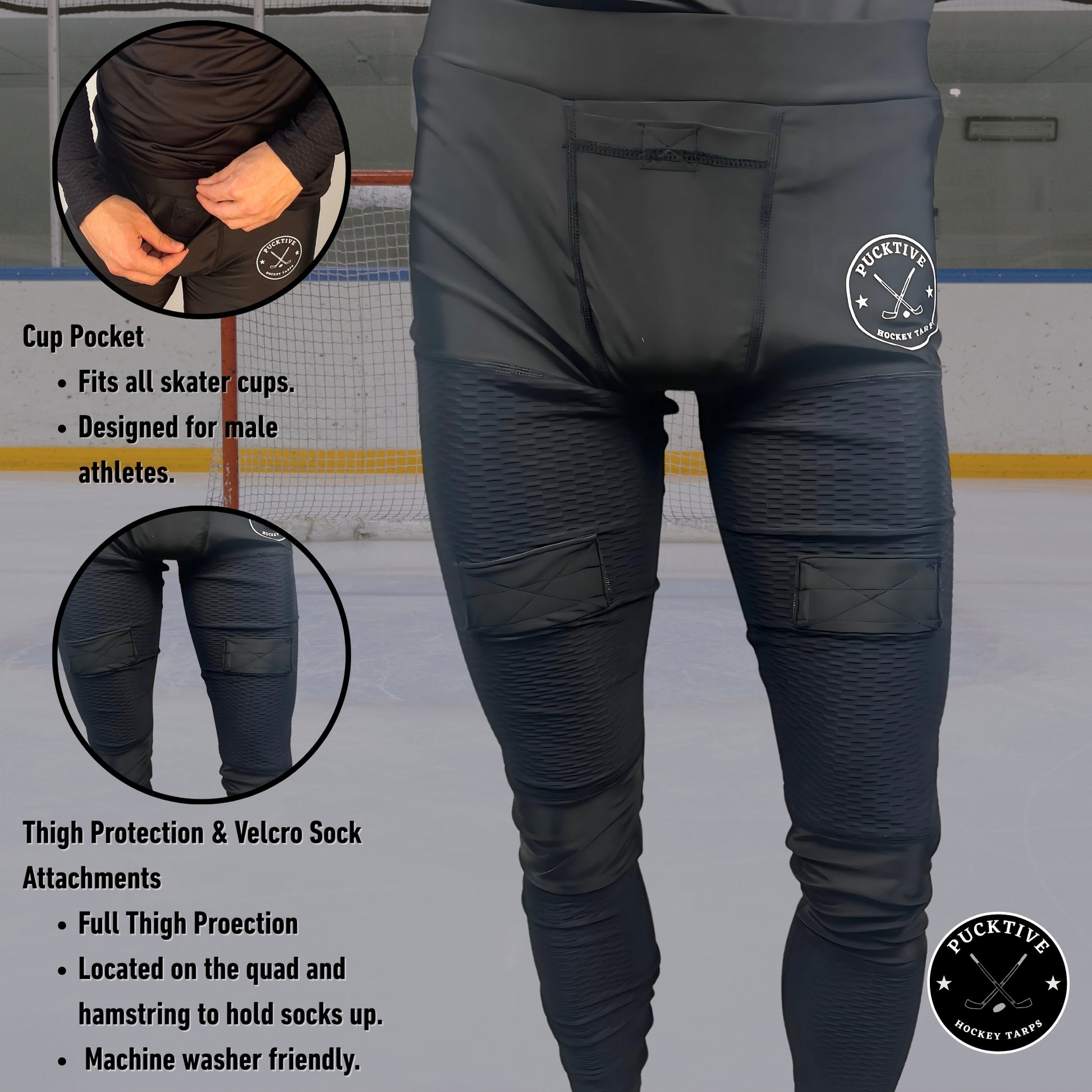Feature overview of Men’s Base A2 goalie jock leggings including cut-resistant fabric, moisture-wicking material, four-way stretch, and built-in cup pocket with Velcro sock tabs.