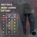 Men’s Base A2 cut-resistant goalie jock leggings size chart showing measurements for waist, hips, and inseam.