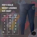 Men’s Base A2 cut-resistant goalie leggings size chart showing measurements for waist, hips, and inseam.