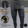 Diagram of men’s Base A2 cut-resistant hockey jock leggings showing thigh, groin, femoral artery, calf, and Achilles protection zones.