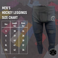 Men’s Base A2 hockey jock leggings size chart with waist, hip, and length measurements.