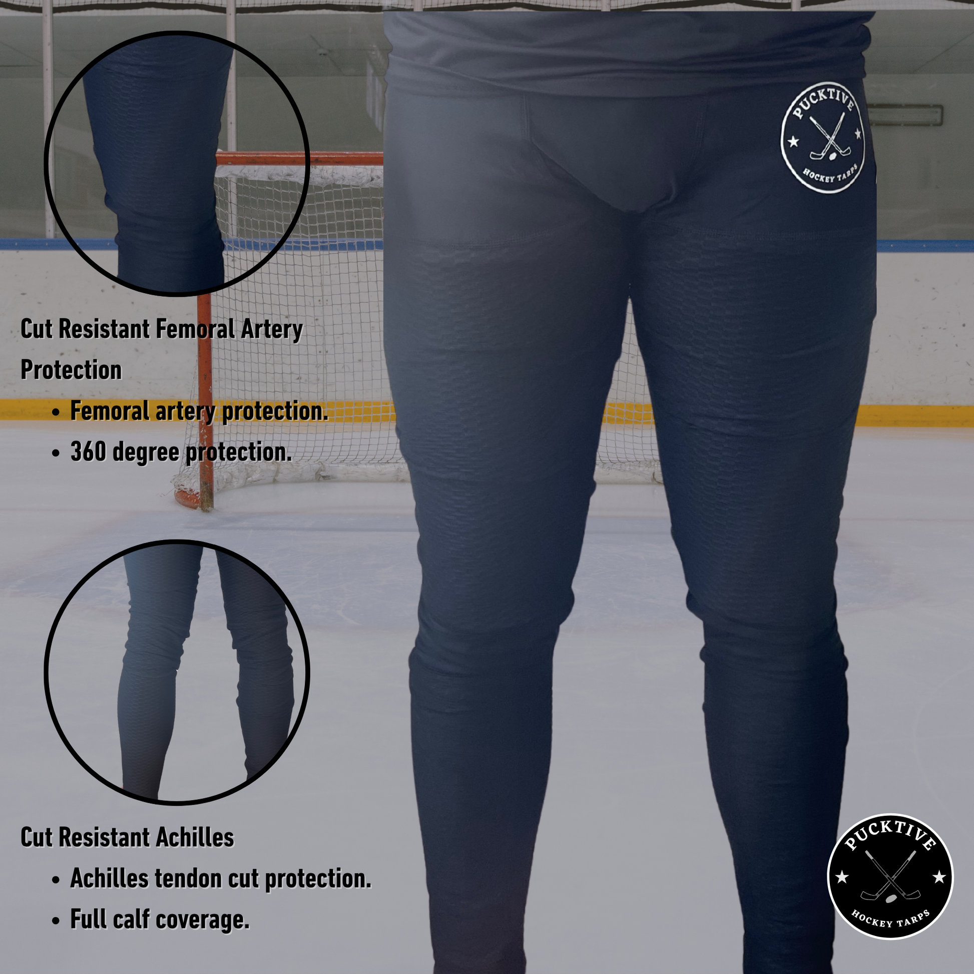 Diagram of men’s Base A2 cut-resistant hockey leggings showing thigh, groin, femoral artery, calf, and Achilles protection zones.