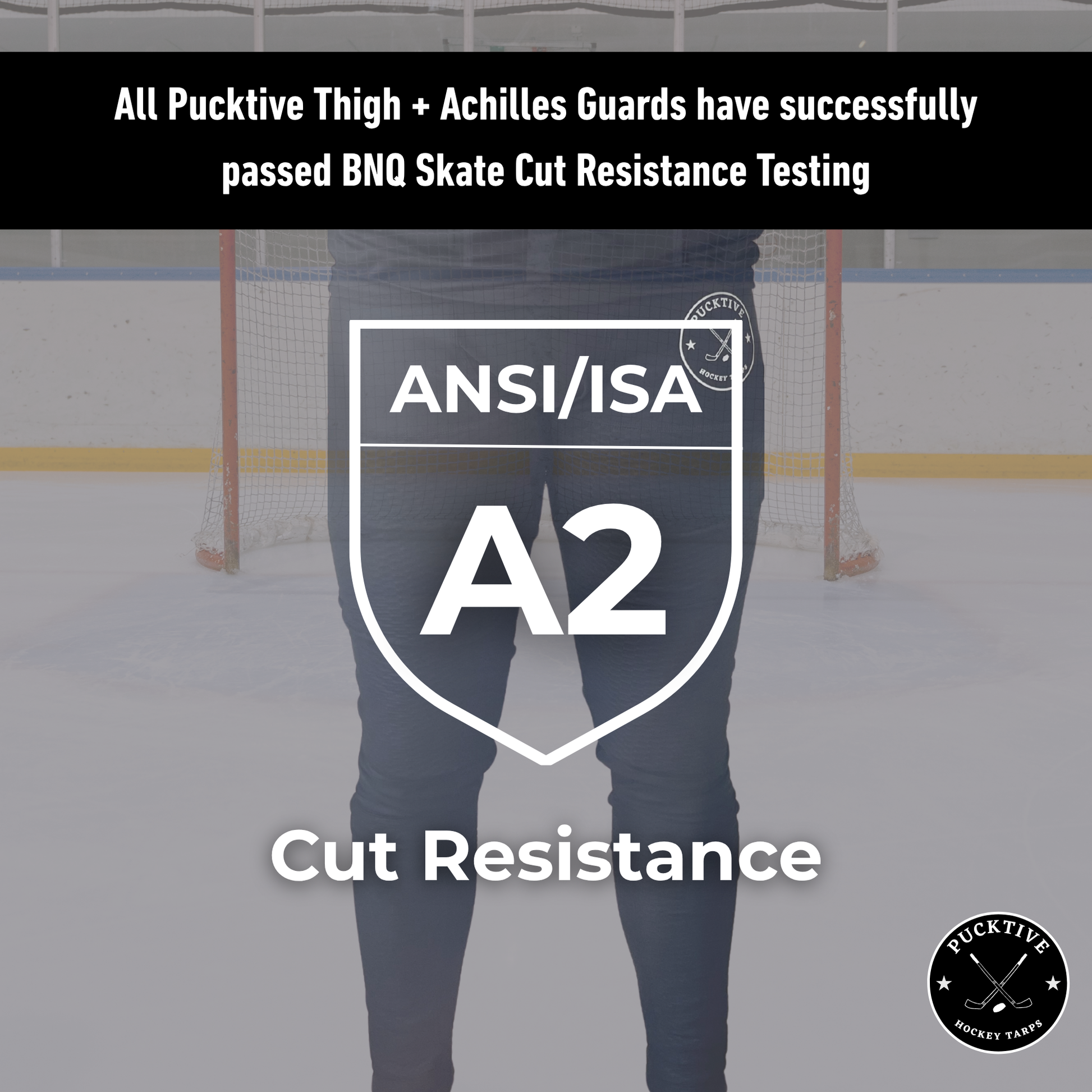 BNQ and ANSI cut-resistance testing information page for men’s Base A2 hockey leggings.