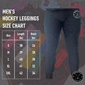 Men’s dry fit hockey jock leggings size chart showing waist, hip, and length measurements.