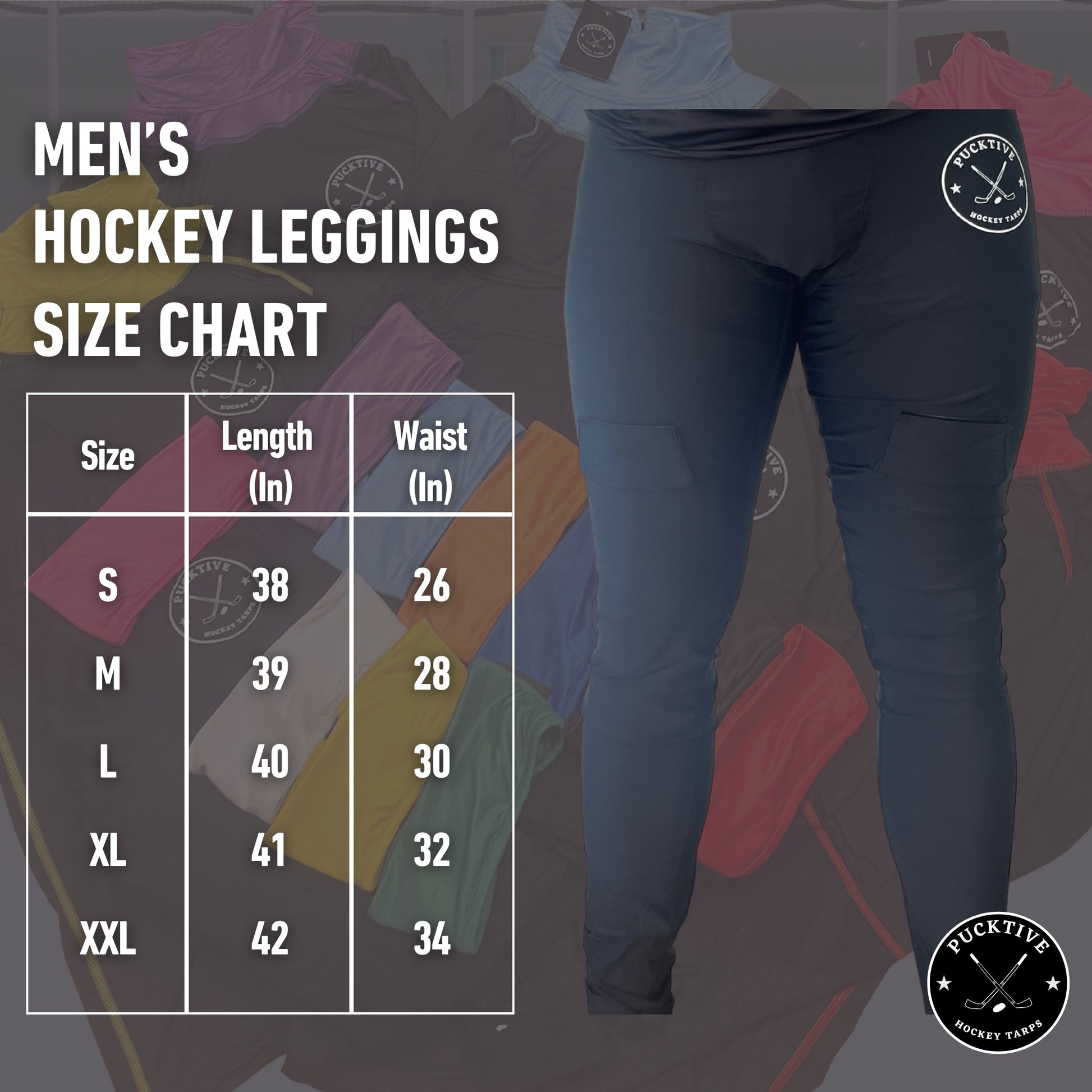 Men’s dry fit hockey jock leggings size chart showing waist, hip, and length measurements.