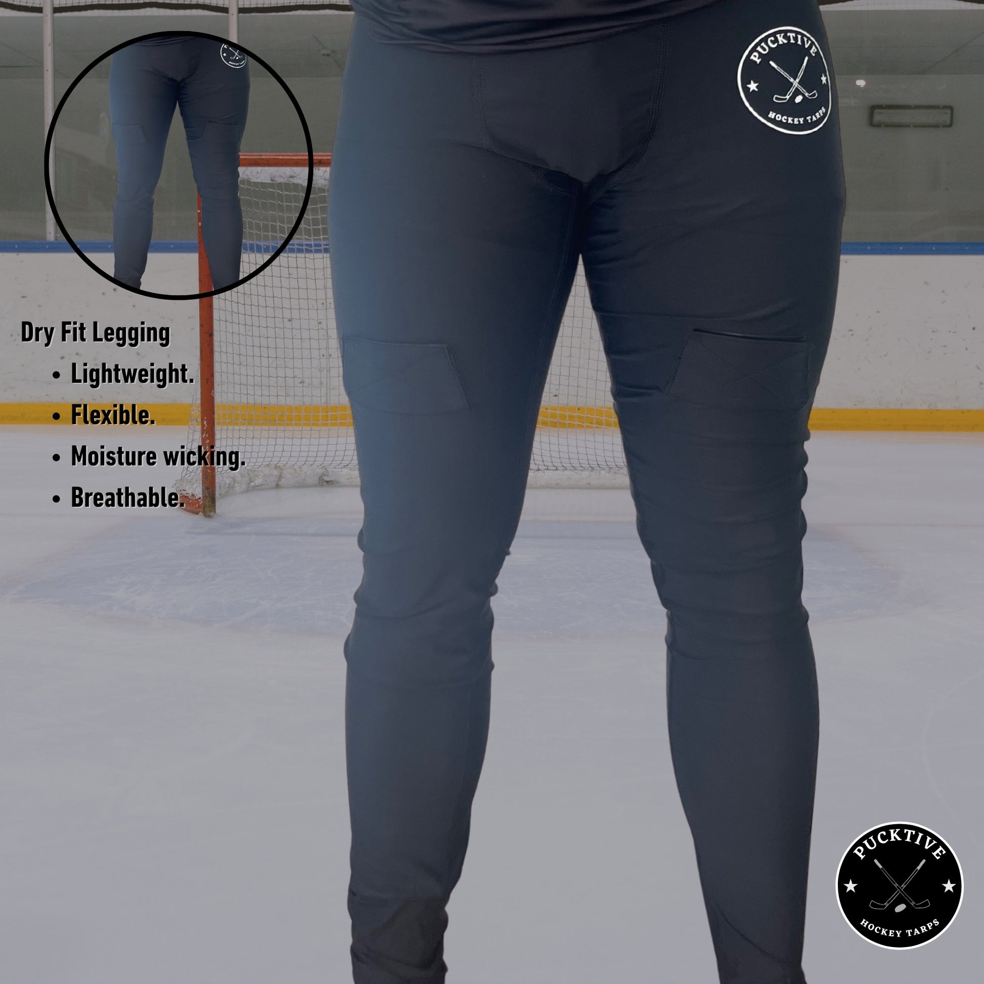 Feature summary page for men’s dry fit hockey jock leggings highlighting moisture-wicking fabric, lightweight design, and 4-way stretch mobility.