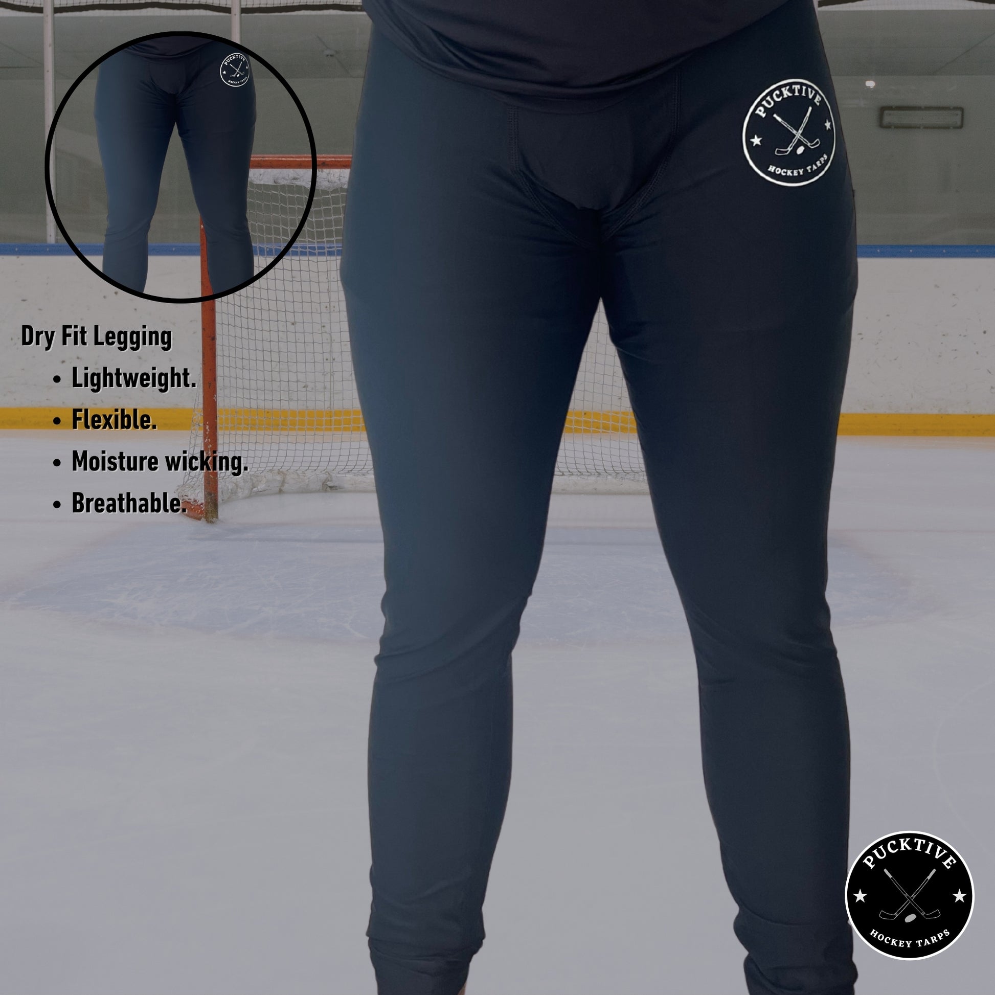 Feature summary page for men’s dry fit hockey leggings highlighting moisture-wicking fabric, lightweight design, and 4-way stretch mobility.