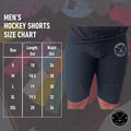 Size chart for Men’s Dry-Fit Hockey Jock Shorts with waist measurements and fit guidelines.