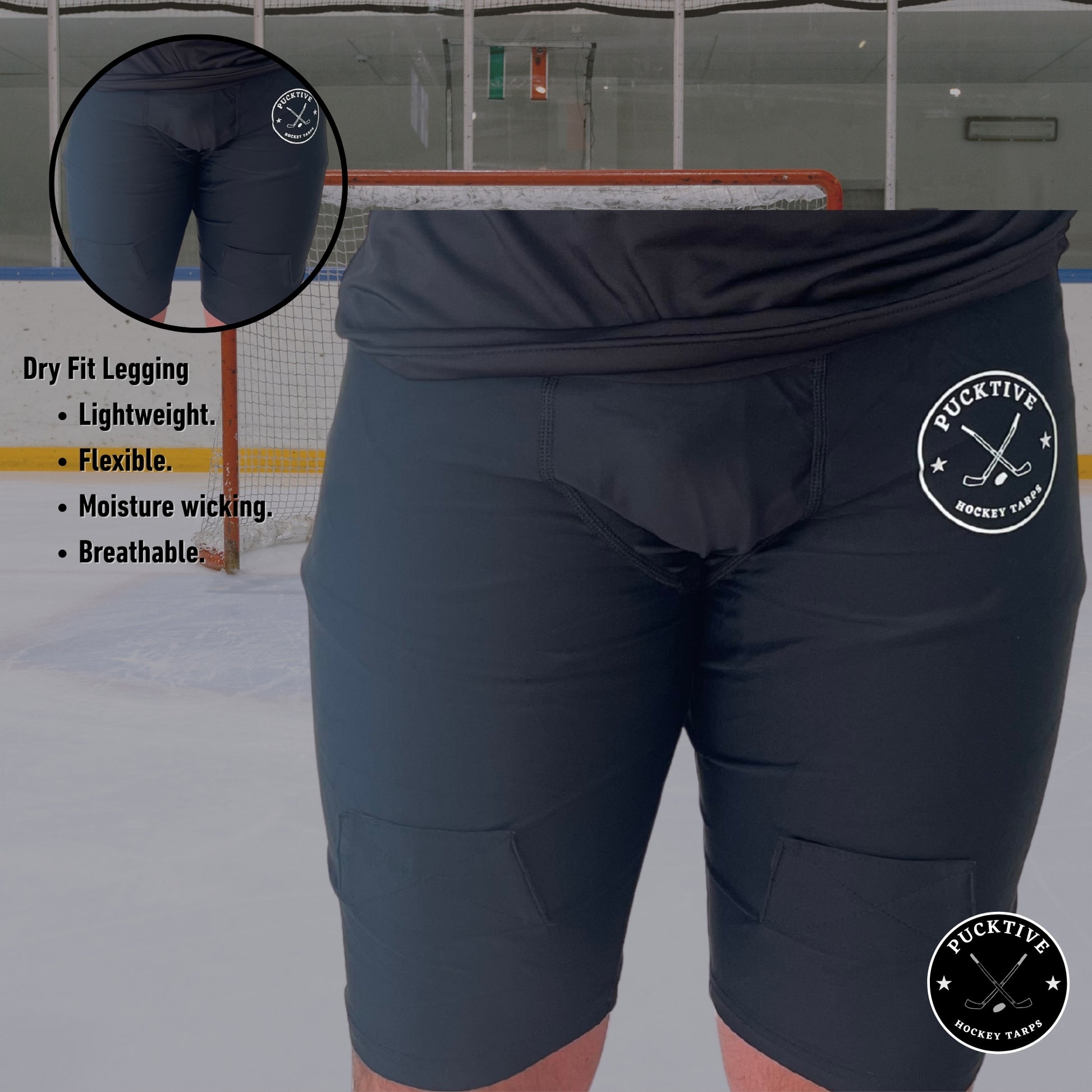Men’s Dry-Fit Hockey Jock Shorts information graphic detailing lightweight design, moisture-wicking fabric, and cup pocket features.