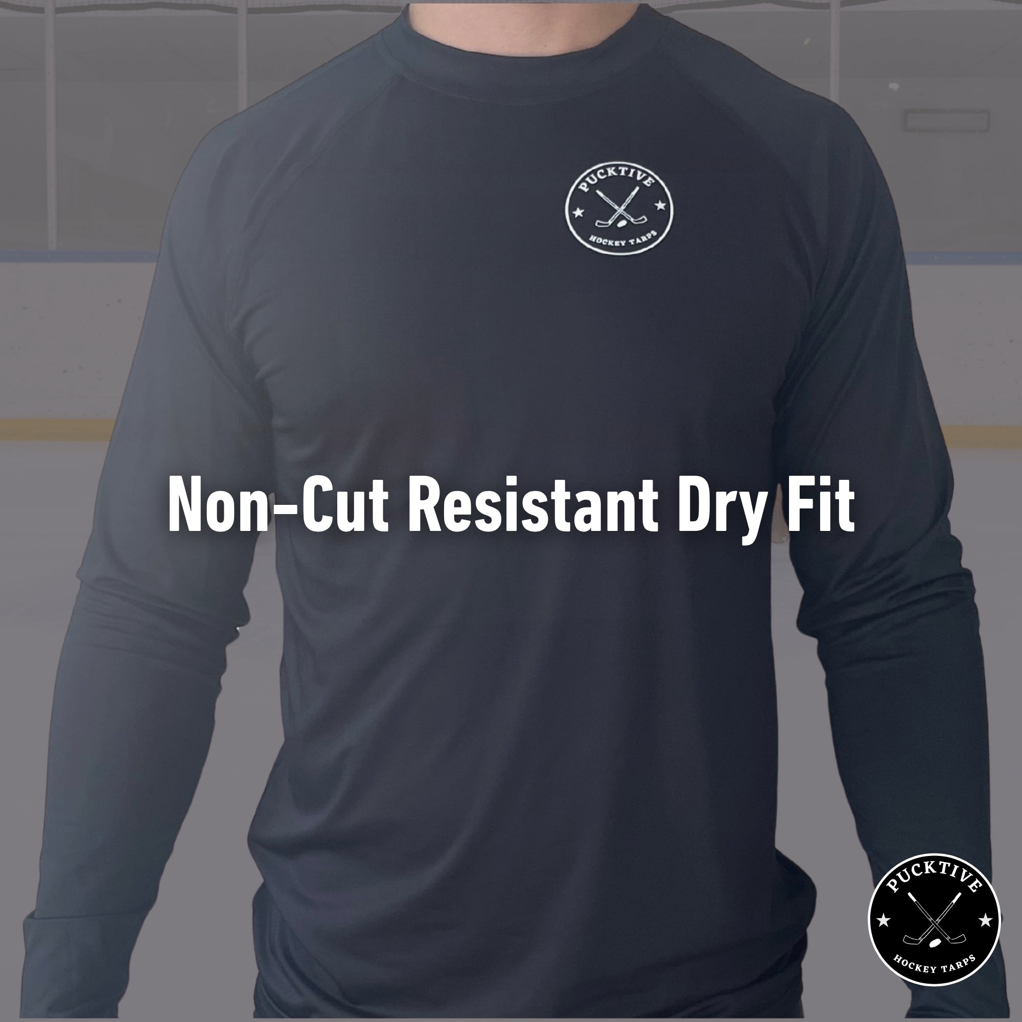 Specification page for Men's Dry Fit long sleeve hockey shirt detailing fabric, fit, and performance features.