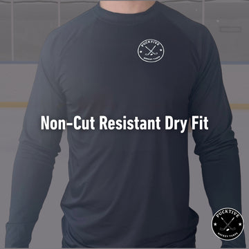 Specification page for Men's Dry Fit long sleeve hockey shirt detailing fabric, fit, and performance features.