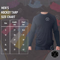 Size chart for Men's Dry Fit long sleeve hockey shirt with measurements for youth fit.