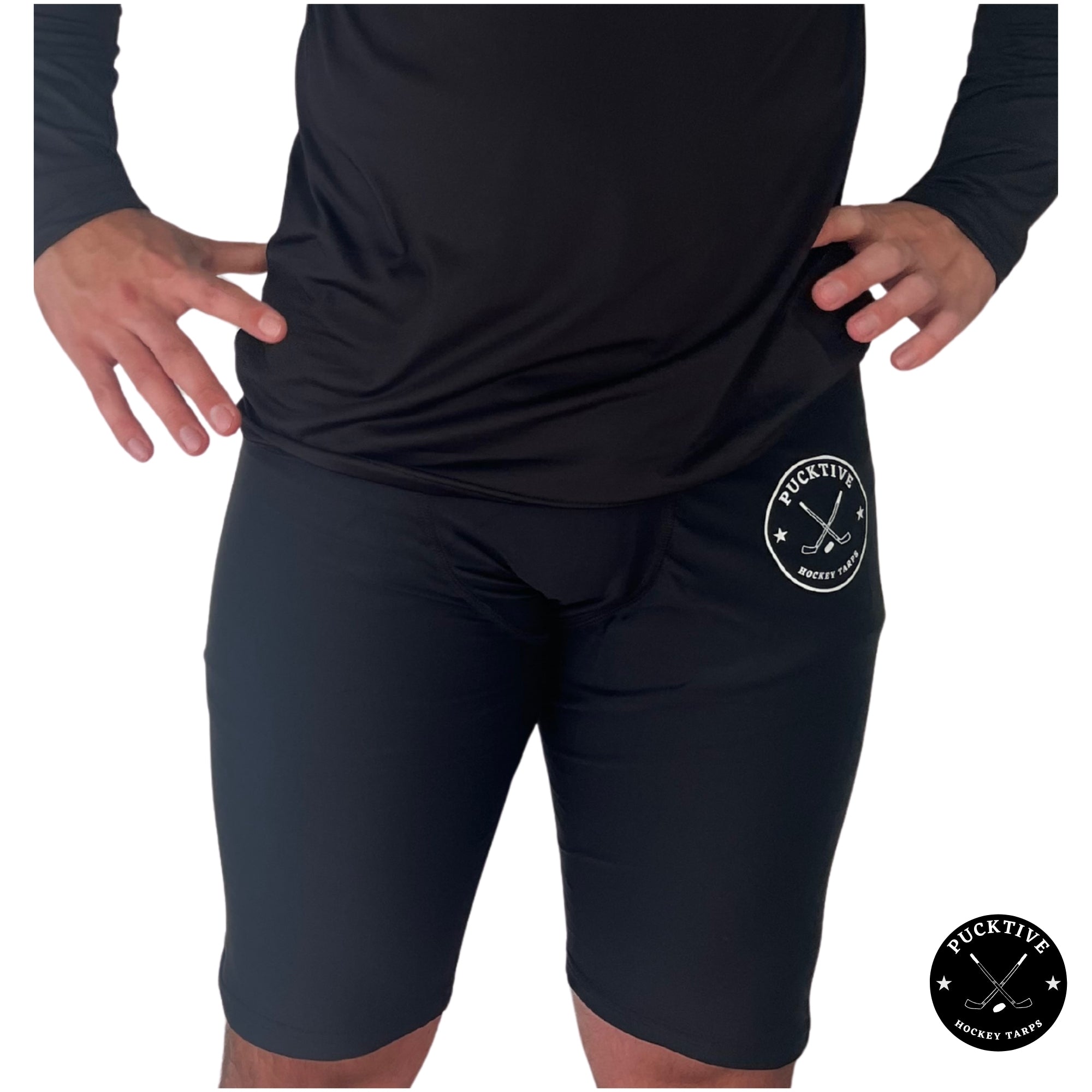 Front view of Men’s Dry-Fit Hockey Shorts showing lightweight fabric, ergonomic fit.