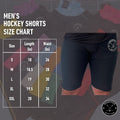 Size chart for Men’s Dry-Fit Hockey Shorts with waist measurements and fit guidelines.