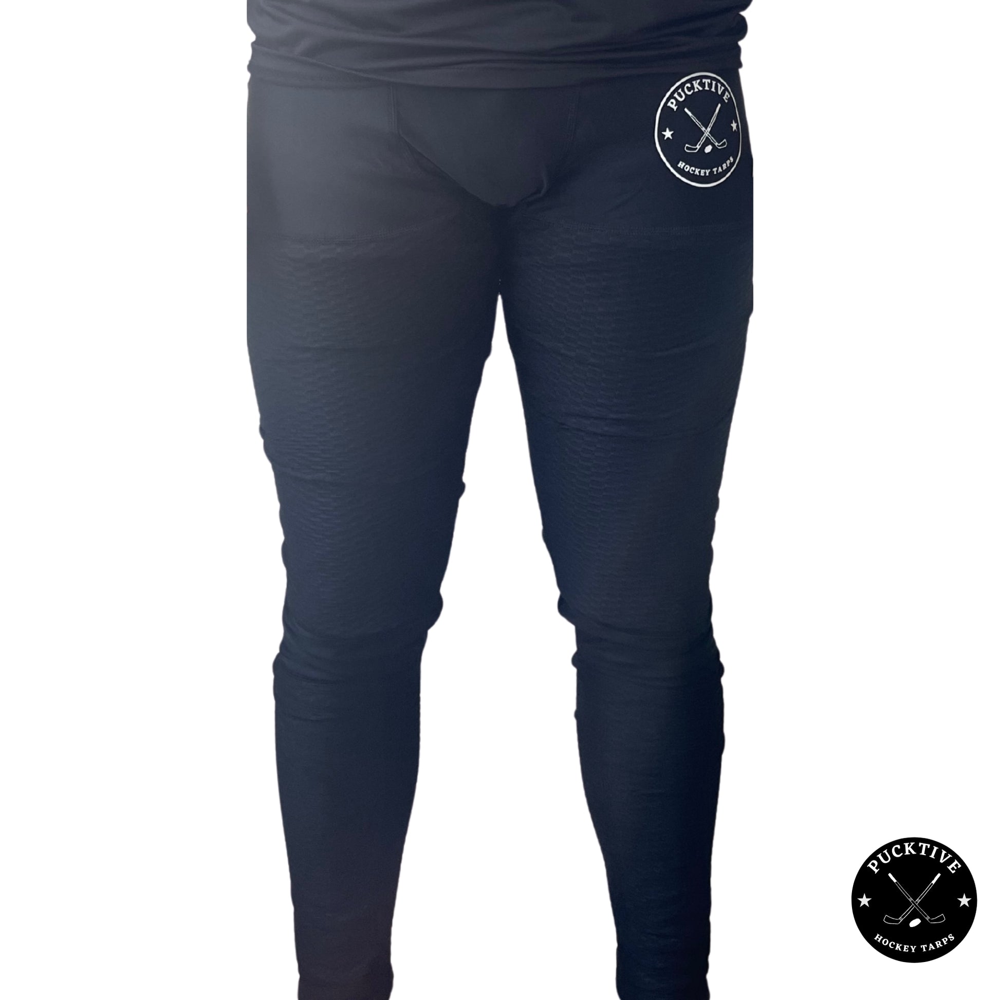 Front view of Men’s Elite A9 cut-resistant goalie leggings showing thigh, groin, calf, and Achilles protection zones.