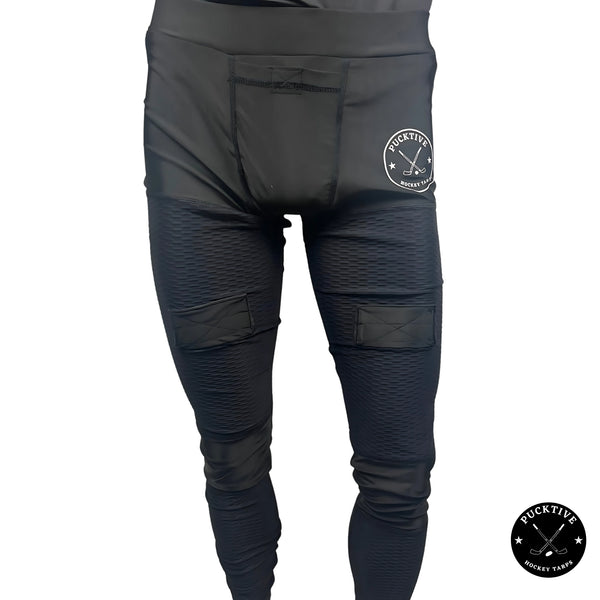 Front view of Men’s Elite A9 cut-resistant hockey jock leggings showing ergonomic fit and protective coverage zones.